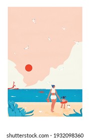 Summer Landscape Illustration Of Mother And Kid At The Beach With Firehouse.Happy Family With Dog At Nordic Scandunavian Beach In Summer Holiday.