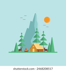 summer landscape illustration.afternoon in the mountains. enjoy the weekend. hiking and camping. flat vector illustration