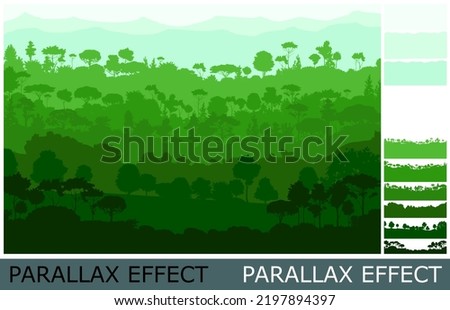 Summer landscape. Image from layers for overlay with parallax effect. Mountains forest. Sunny day. illustration Long away. Rainforest jungle tropic. Vector.