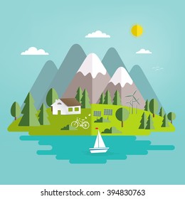 Summer landscape. The isolated nature landscape with mountains, hills, river and trees.  Flat style vector illustration. Ecological concepts. Environmentally friendly world. Background. 