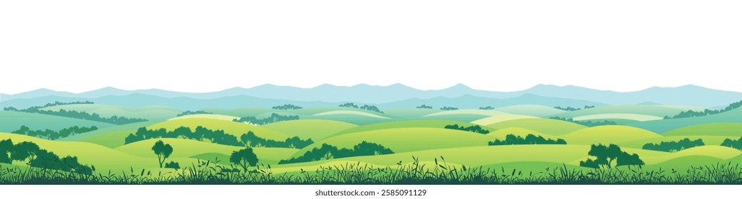 Summer landscape isolated on a white background, spring hills, green meadows and hills, vector illustration