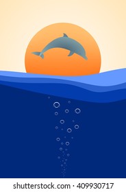 Summer landscape with the jumping dolphin over a blue surface of the sea with waves at sunset with orange sun and the air bubbles in water