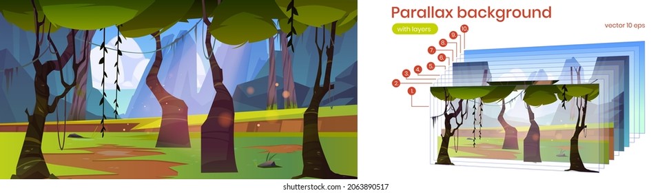 Summer landscape with jungle, mountains and sea on horizon. Vector parallax background for 2d animation with cartoon illustration of rain forest with green trees, grass, lianas and rocks