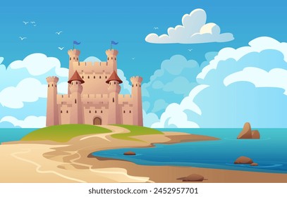 Summer landscape of kingdom vector flat illustration. Road to fairy tale castle on the river shore. Cartoon medieval chateau on the island. Vintage coast stone palace building with castle towers