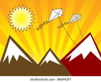 Summer landscape with kite and mountain, vector illustration
