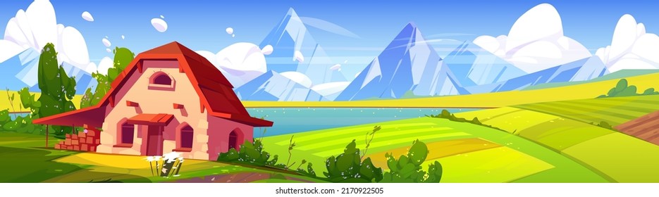 Summer landscape with lake, agriculture fields, rustic house and mountains. Vector cartoon illustration of nature scene of countryside with green farmlands, river and rocks