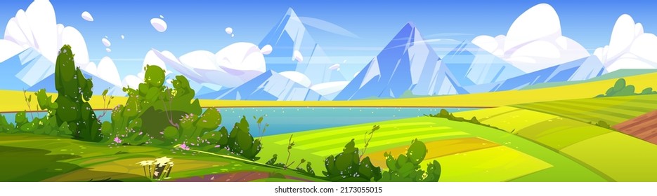 Summer landscape with lake, agriculture fields and mountains. Vector cartoon illustration of nature scene of countryside with green farmlands, river and rocks