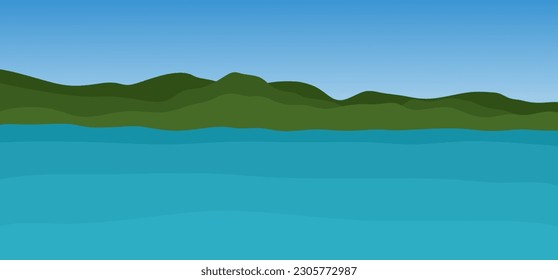 Summer landscape with lake, blue sky, green hills or forest. Horizontal natural summer background with ocean. Vector flat illustration