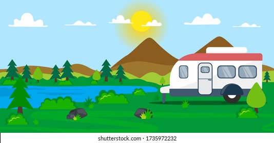 Summer landscape with lake and forest. Camping illustration outdoor activity concept. Summertime camp with standing trailer. Flat design.Vector