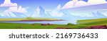 Summer landscape with lake, green fields and mountains. Vector cartoon illustration of nature panorama with river or sea strait with blue water and white rocks on horizon