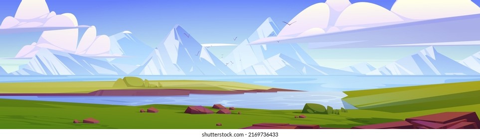 Paisaje veraniego con lago, campos verdes y montañas. Dibujo vectorial del panorama natural con el estrecho del río o del mar con agua azul y rocas blancas en el horizonte