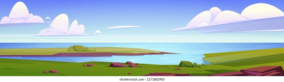 Summer landscape with lake, green fields and rocks. Vector cartoon illustration of nature panorama with river or sea strait with blue water and empty coast on horizon