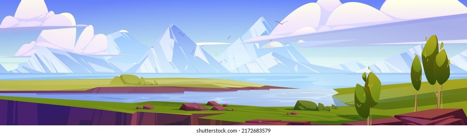 Summer landscape with lake, green fields and mountains. Vector cartoon illustration of nature panorama with river or sea strait with blue water, trees and white rocks on horizon