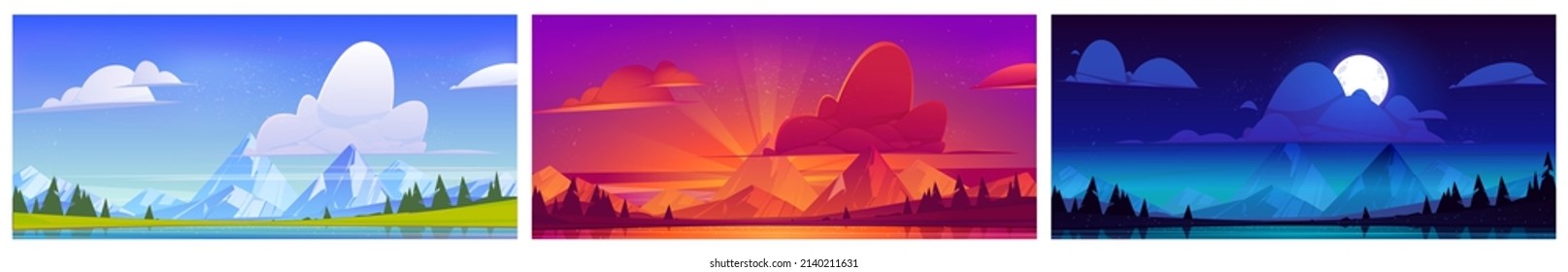 Summer landscape with lake and mountains at different times of day. Vector cartoon illustrations of river with trees and green grass on coast, rocks on horizon at night, sunset, and afternoon