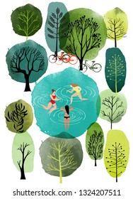 Summer landscape with lake and people. Watercolor and vector flat illustration