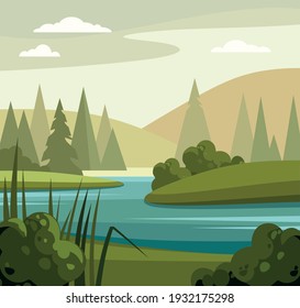 Summer landscape with lake and trees.