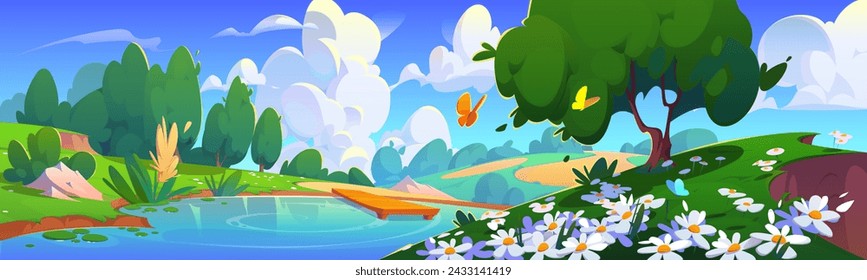 Paisaje de verano del lago con la cubierta de madera en el prado con las flores de margarita, mariposa y árboles. Escenario de primavera o verano de dibujos animados con flores y bosques en el césped con estanque, cielo azul soleado con nubes.