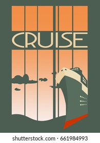 Summer landscape with large transoceanic cruise ship at sunset with blue surface of the sea and airplane. Travel company business card with cruise word