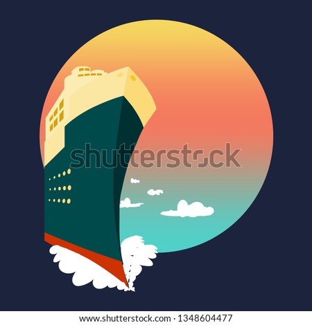 Summer landscape with large transoceanic cruise ship at sunset with blue surface of the sea and clouds