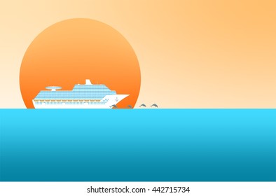 Summer landscape with large white transoceanic cruise ship at sunset with blue surface of the sea and jumping dolphins. Seascape with orange sun.
Cruise ship with windows, anchor, chain and lifeboats.