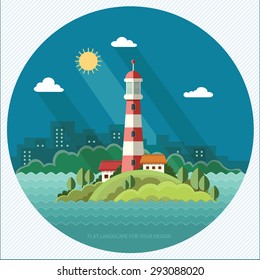 Summer landscape. The lighthouse on the background of the city. Flat design style vector illustration.