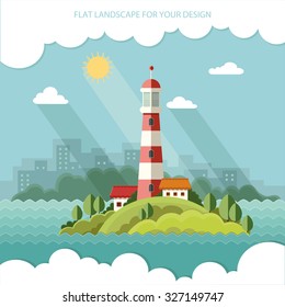 Summer landscape. The lighthouse on the background of the city. Flat design style vector illustration.