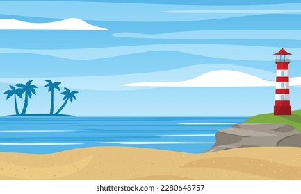 Summer landscape with lighthouse and tropical island silhouette. Sea or ocean scene. Vector illustration.