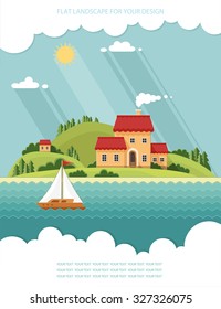 summer landscape. Little village street with small houses and trees on the lake. Flat style vector illustration.