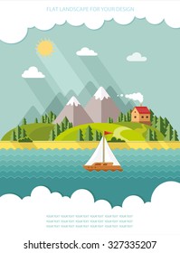 summer landscape. Little village street with small houses and trees on the lake. Flat style vector illustration.