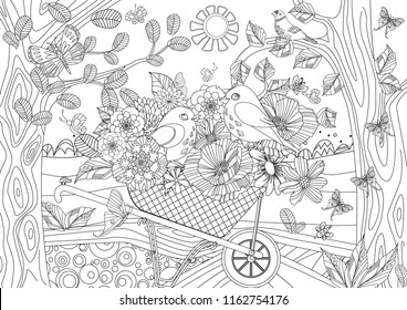 summer landscape with lovely flowers and couple of birds in garden wheelbarrow for your coloring page