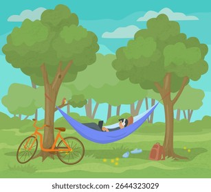 Paisagem de verão com um homem em uma rede sob árvores, trabalhando em um laptop perto de uma bicicleta. Cena pacífica para férias, lazer, viagens ou temas nômades digitais. Vetor plano.