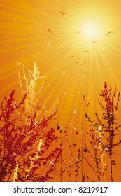 summer landscape with many plants, vector illustration