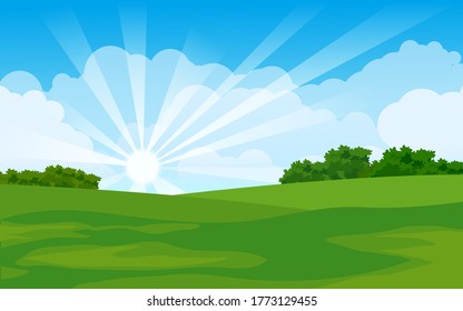 Summer landscape with meadow and clouds