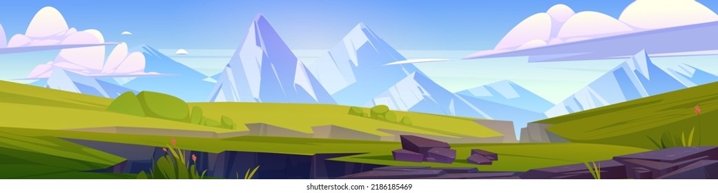 Summer landscape with meadows, chasms and mountains on horizon. Nature panorama with white rocks, green grass and cracks in land after earthquake, vector cartoon illustration