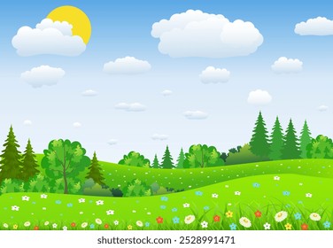 Paisaje de verano con prados y flores. bosque, paisaje de la naturaleza, fondo de Vector. Ilustración vectorial en diseño plano