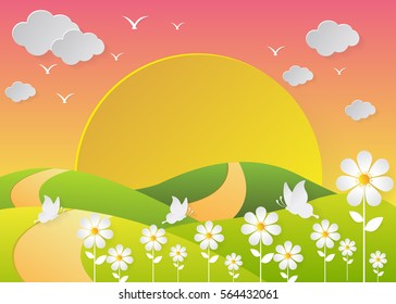 Summer landscape with meadows and flowers. Road and the forest,paper art style