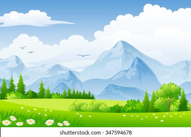 Summer landscape with meadows and mountains