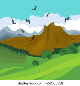 Summer landscape with meadows , mountains, forest, birds and ibexes. Vector illustration