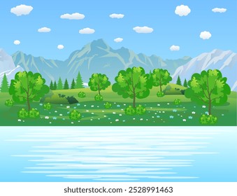 Paisaje de verano con prados y montañas. Río y el bosque, paisaje de la naturaleza, fondo del Vector. Ilustración vectorial en diseño plano