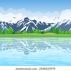 Paisaje de verano con prados y montañas. Río y el bosque, paisaje de la naturaleza, fondo del Vector. Ilustración vectorial en diseño plano