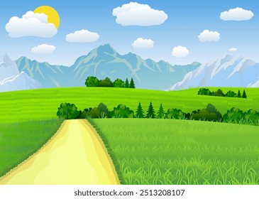 Paisaje de verano con prados y montañas. Carretera y el bosque, paisaje de la naturaleza, fondo del Vector. Ilustración vectorial en diseño plano