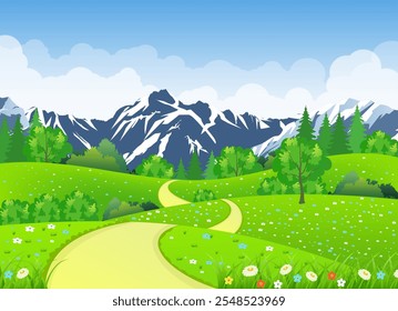 Paisaje de verano con prados y montañas. Carretera y el bosque, paisaje de la naturaleza, fondo del Vector. Ilustración vectorial en diseño plano