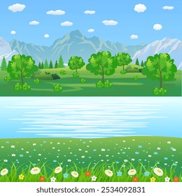 Paisaje de verano con prados y montañas. Paisaje de primavera. Río y el bosque, paisaje de la naturaleza, fondo del Vector. Ilustración vectorial en diseño plano