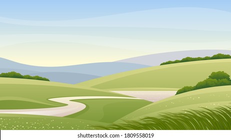 Summer landscape with meadows, river and lake. Morning rural landscape. Country meadow landscape, vector illustration.