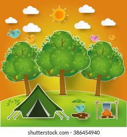 summer landscape. Morning landscape in the forest. Solitude in nature by the river. Weekend in the tent. Hiking and camping. pop up paper cut illustration