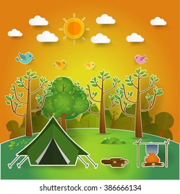 summer landscape. Morning landscape in the forest. Solitude in nature by the river. Weekend in the tent. Hiking and camping. pop up paper cut illustration