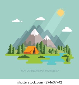 summer  landscape. Morning in the mountains. Solitude in nature by the river. Weekend in the tent. Hiking and camping. Vector flat illustration