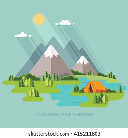 summer  landscape. Morning in the mountains. Solitude in nature by the river. Weekend in the tent. Hiking and camping. Vector flat illustration