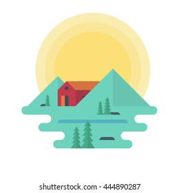 summer landscape. Morning landscape in the mountains. Solitude in nature by the river. Weekend in the house. Hiking and camping. Vector flat illustration