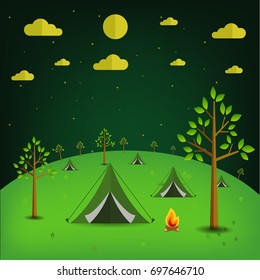  summer landscape. Morning landscape in the mountains. Solitude in nature by the river. Weekend in the tent. Hiking and camping. Vector flat illustration